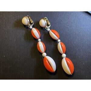 Rare Trifari Lucite Orange White Dangle Clip On Earrings